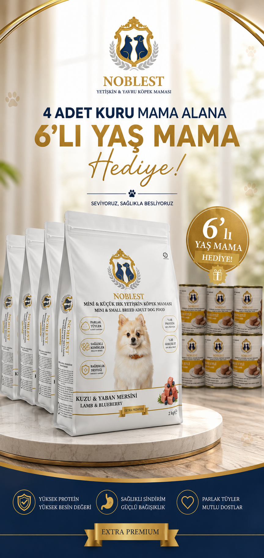 30/18 KUZU ETLİ YABAN MERSİNLİ MİNİ VE KÜÇÜK IRK YETİŞKİN KÖPEK KURU MAMASI 4X2 VE 6 ADET HEDİYE YAŞ MAMA